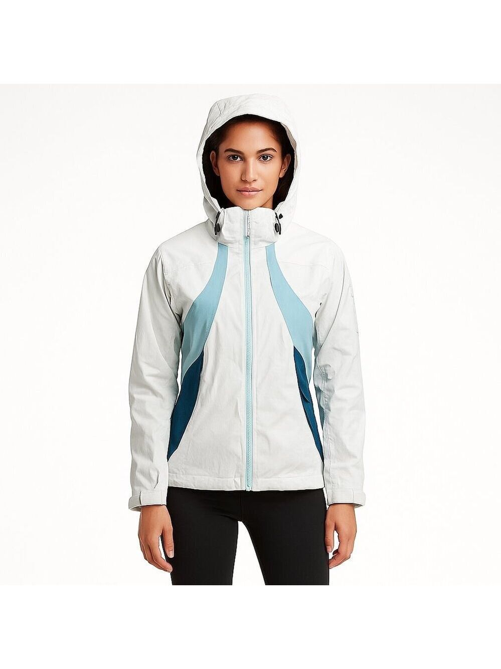 Spyder Ski Jacket Women 8 White Blue Hooded Nylon Shell Zip Winter Snow Coat